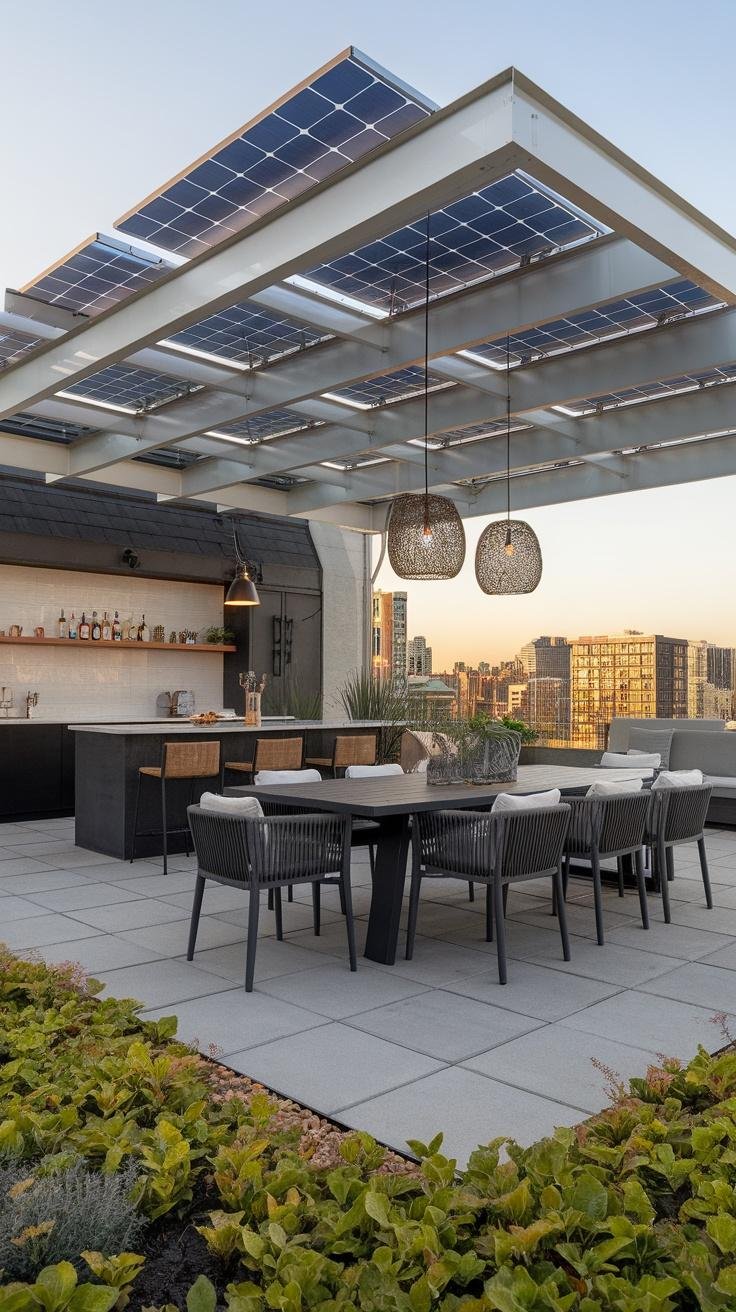 Rooftop lounge living space made possible under a leak-proof solar canopy