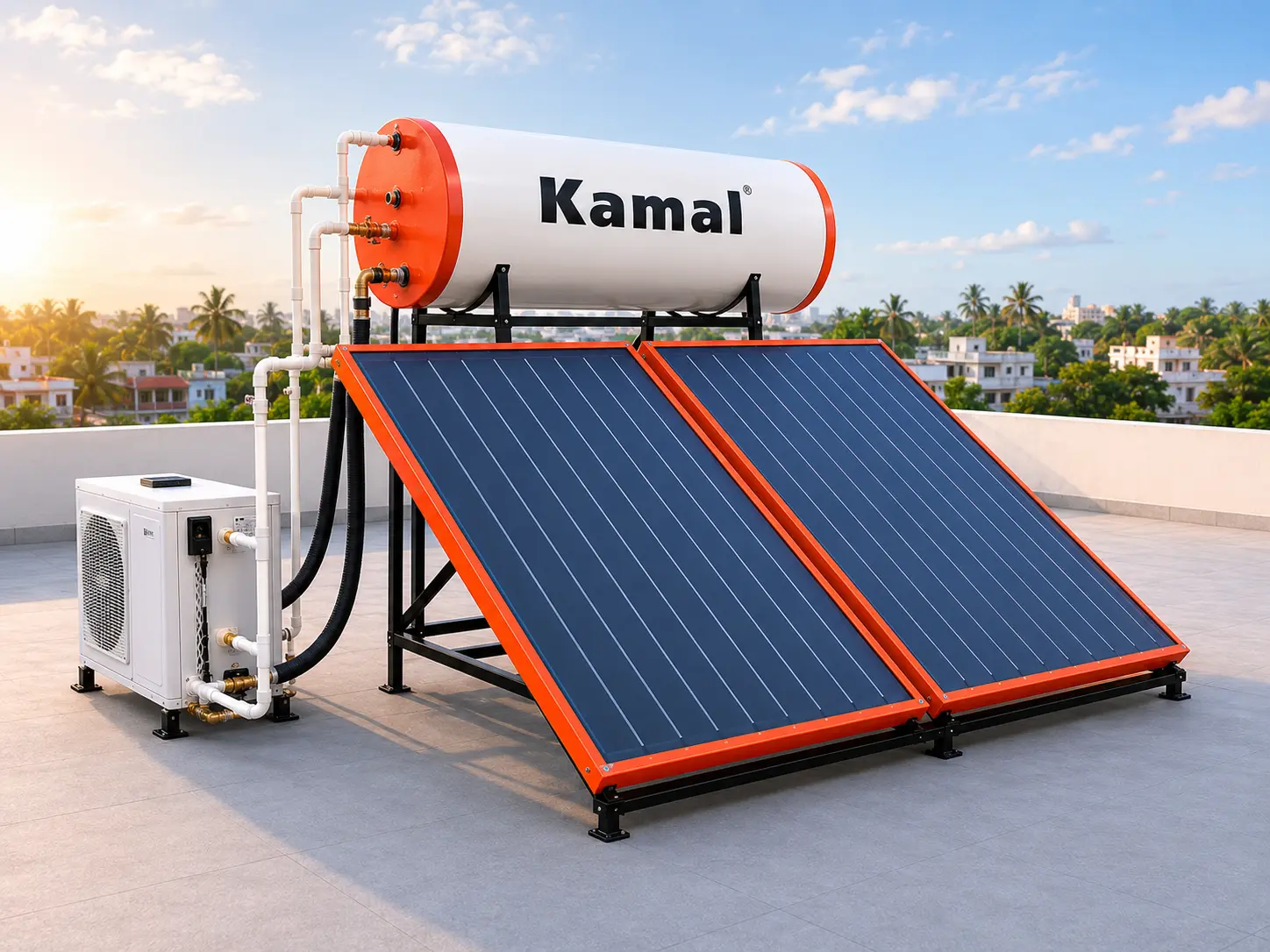 FPC Solar Water Heater + Heat Pump in Karimnagar — Kamal Solar
